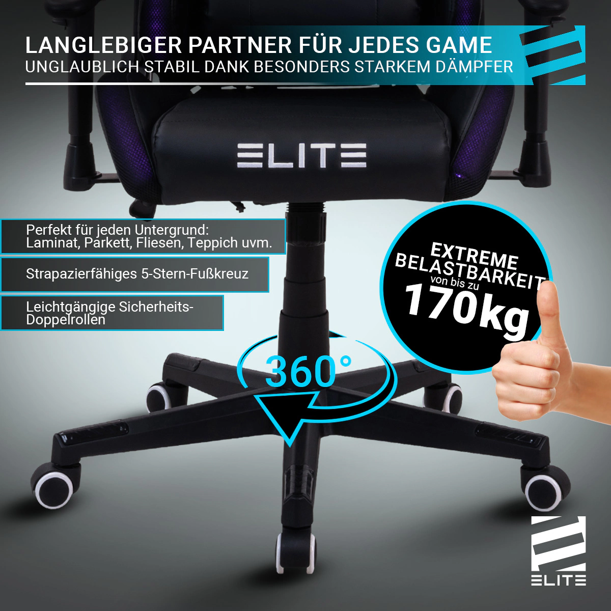 ELITE Gaming-Stuhl DESTINY, Rücken- und Nackenkissen, Wippmechanik, bis 170kg, Sitzhöhe 45-55, MG200 (Schwarz/Grün)