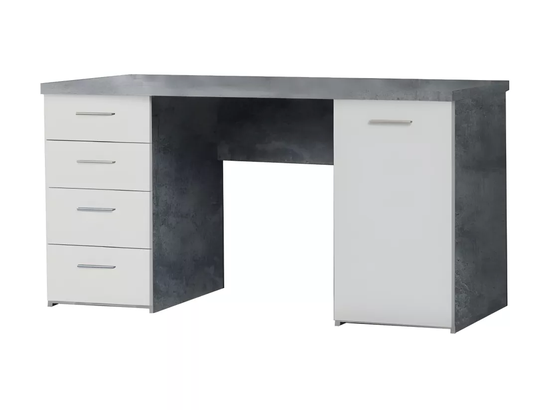 Bureau blanc avec 4 tiroirs et 1 porte décor béton gris - ALVIN