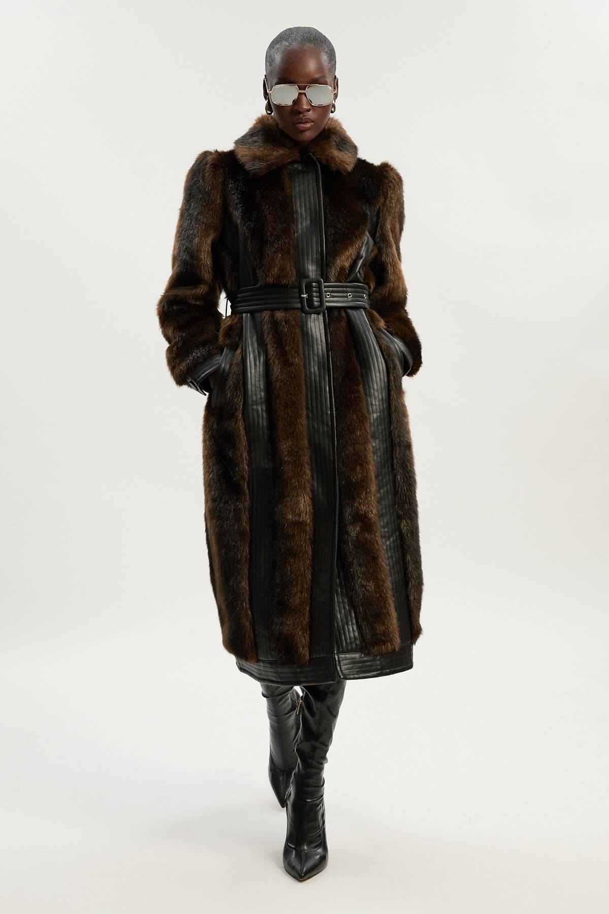 KarenMillen Manteau Midi Ceinturé à Panneaux synthétique et synthétiquecuir