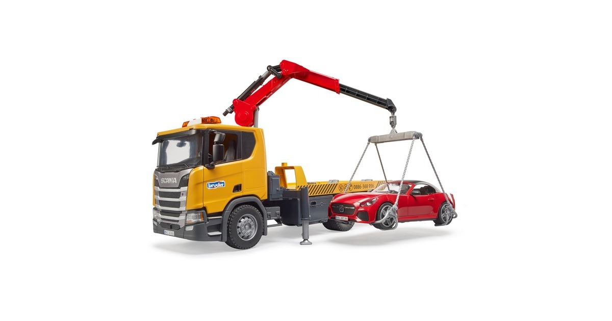bruderScania Super 560R sleepwagen met kraan en licht en geluid + roadster sportauto Modelvoertuig  (03552)