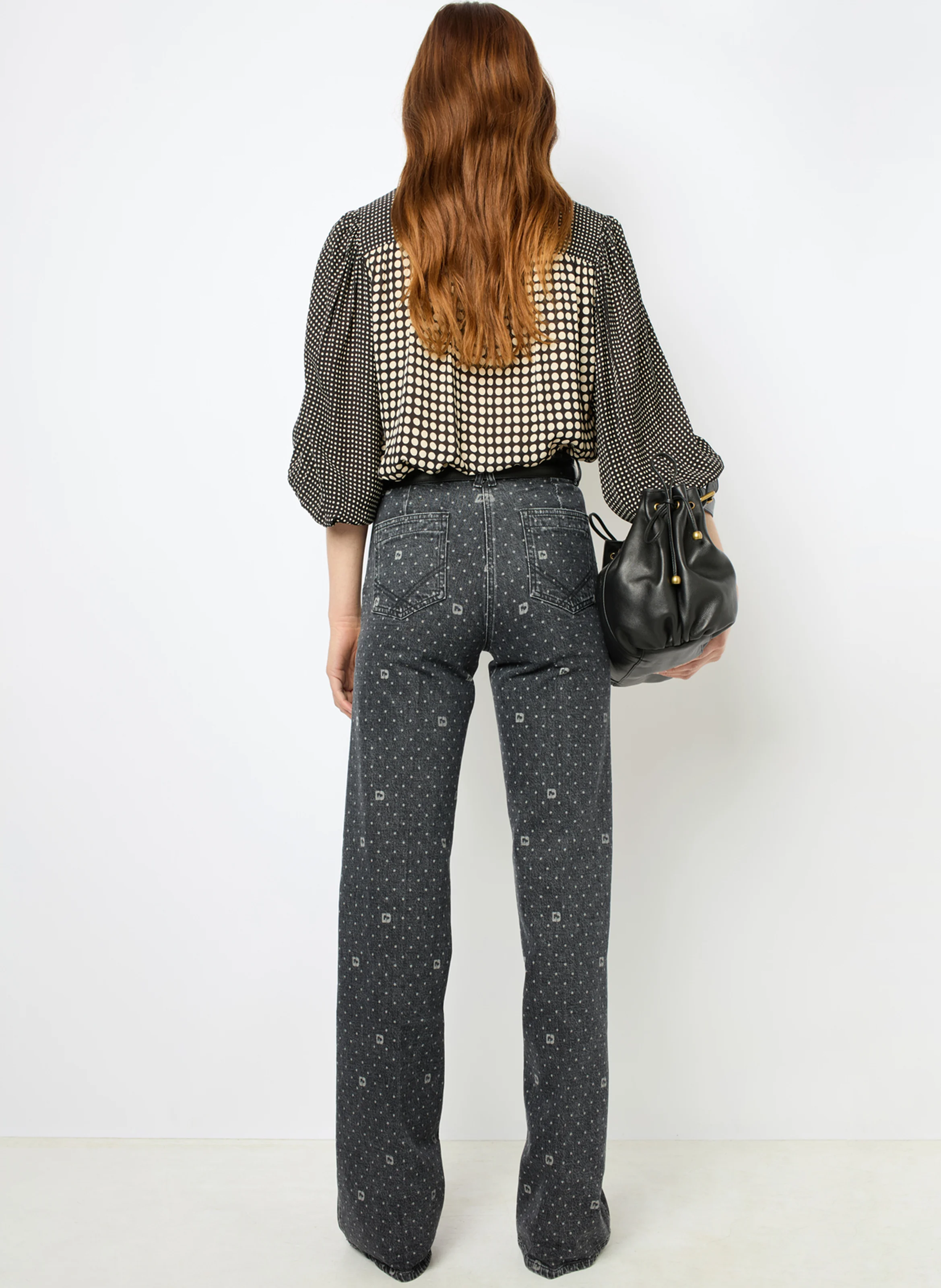 ANNA - Jean flare en denim délavé à imprimé all-over | Gris