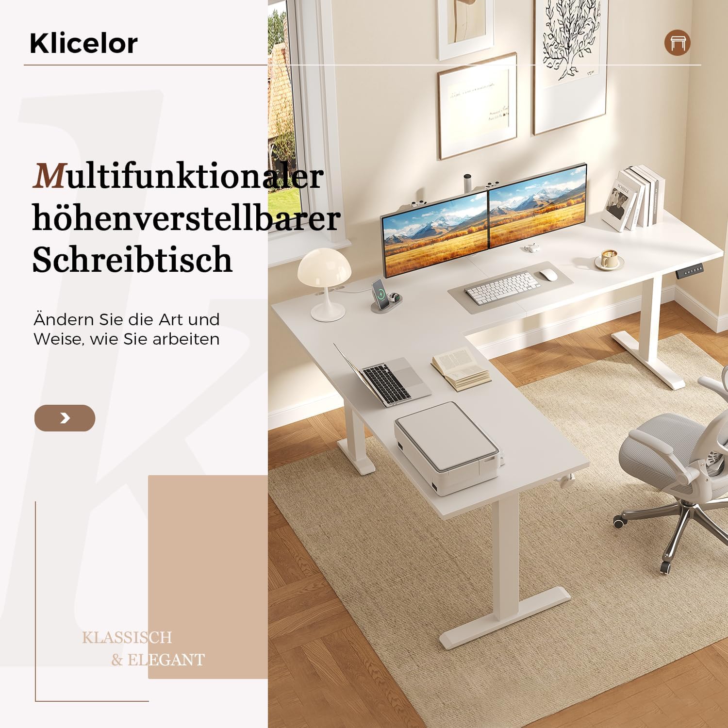 Klicelor L-förmiger Elektrischer Schreibtisch Höhenverstellbar, 150 x 125 cm L Form Stehschreibtisch mit 3 Memory-Funktionen und Antikollisionstechnologie, ergonomischer Computertisch, Weiß