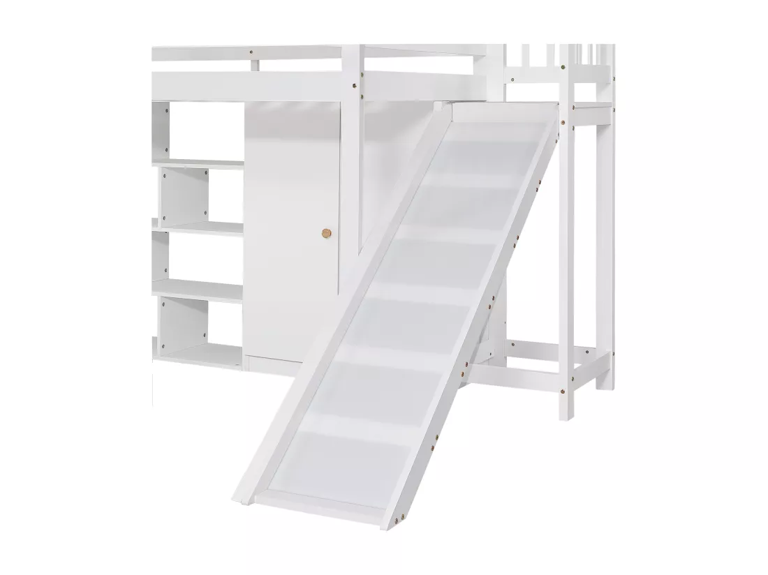 Lit mezzanine en bois et MDF - 90x200 cm - avec étagères、armoire et toboggan - Blanc