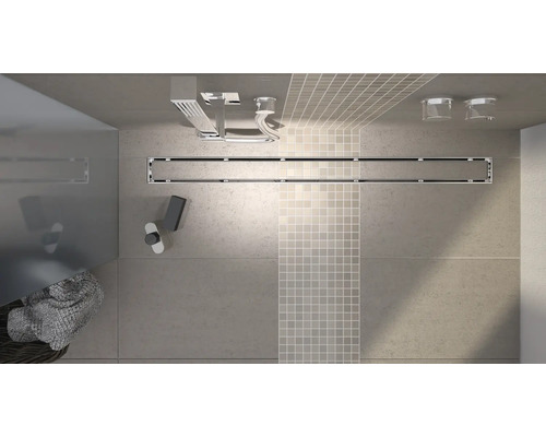 JACKOBOARD® Aqua Line pro douche-element met afvoergoot van geborsteld roestvrij staal 1100 mm x 1000 mm x 70/43 mm