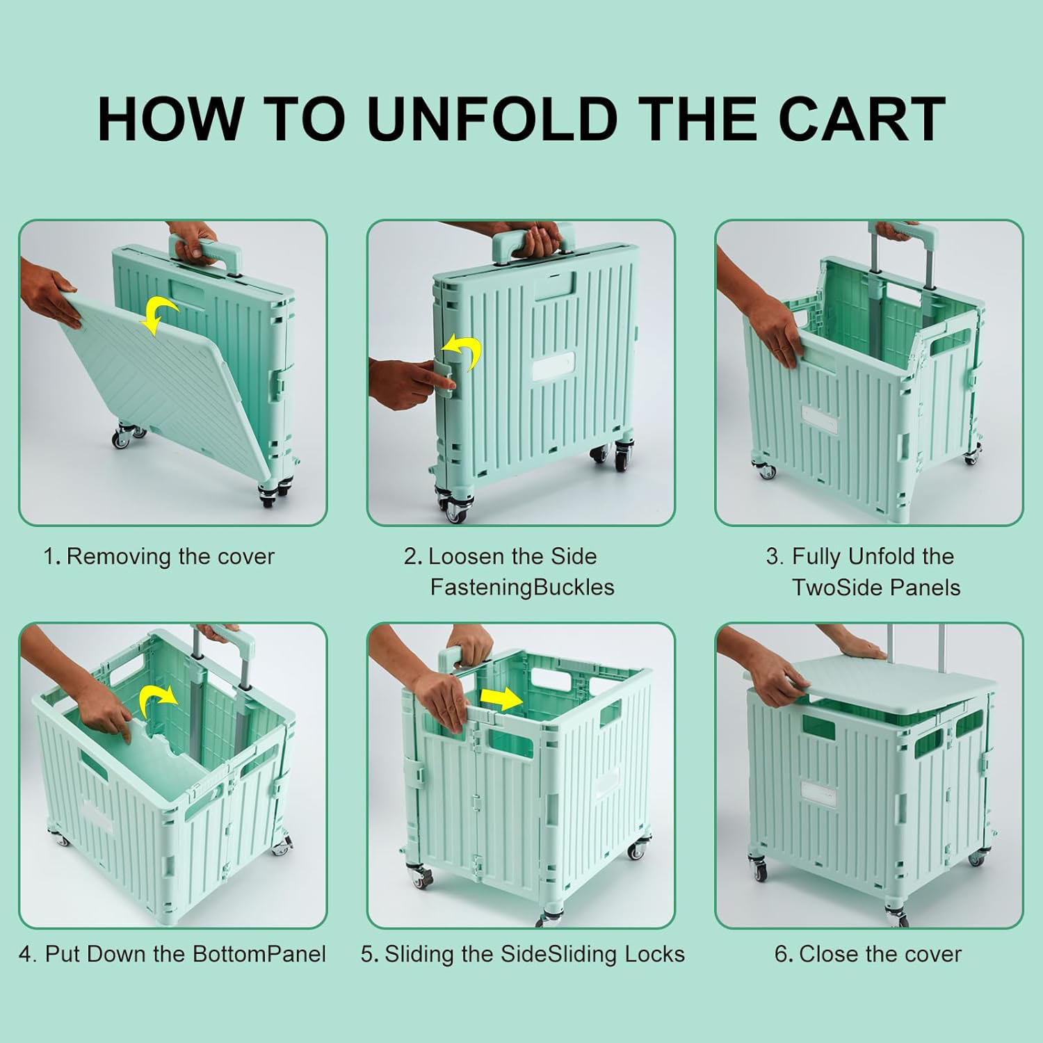 (38x32cm) Klappbarer Einkaufs Trolley Transportbox Shopping Kiste Umzugswagen mit Rädern / Teleskop Griff - Mint