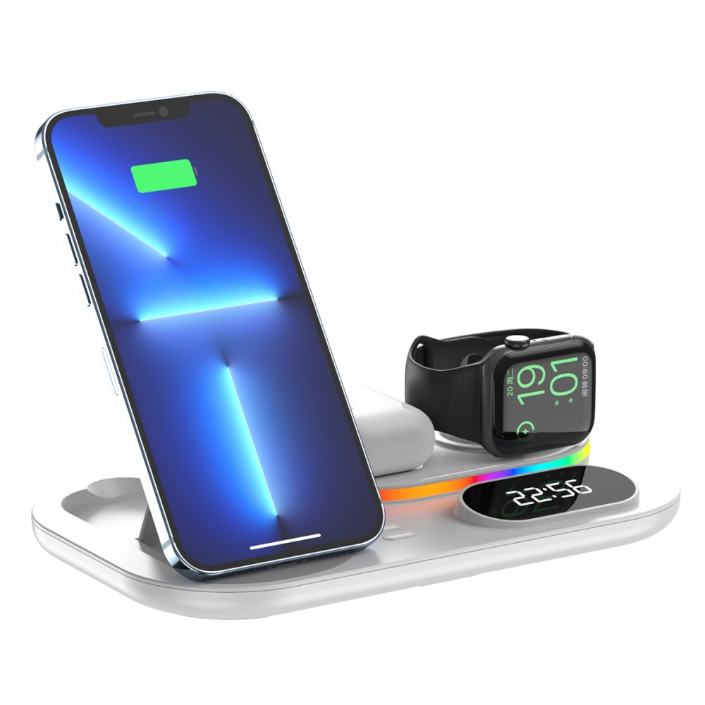 (15W) 4in1 Apple Watch / Smartphone / AirPods Qi Fast Charging Ladegerät Ständer Dockingstation   Zeitanzeige - Schwarz
