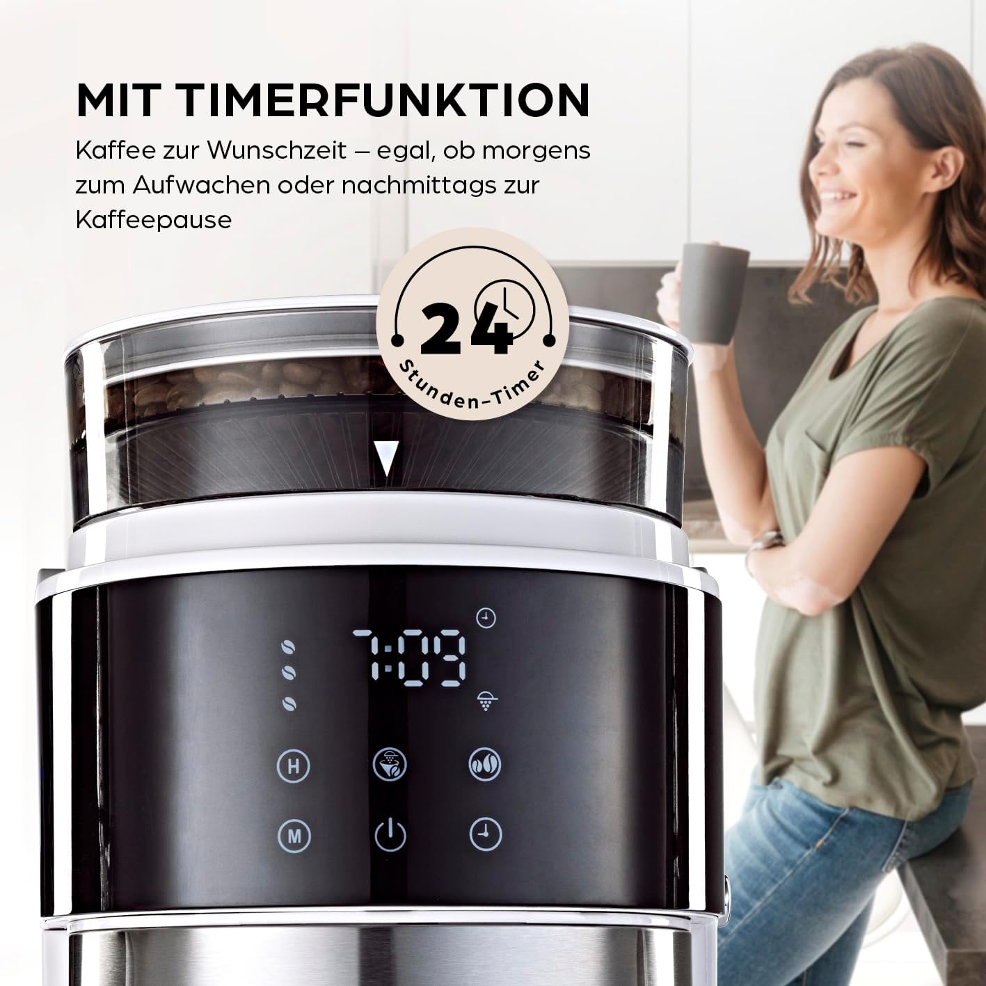 Barista Kaffeemaschine mit digitalem Touch-Display 800W weiß mit Mahlwerk + Isolierkanne