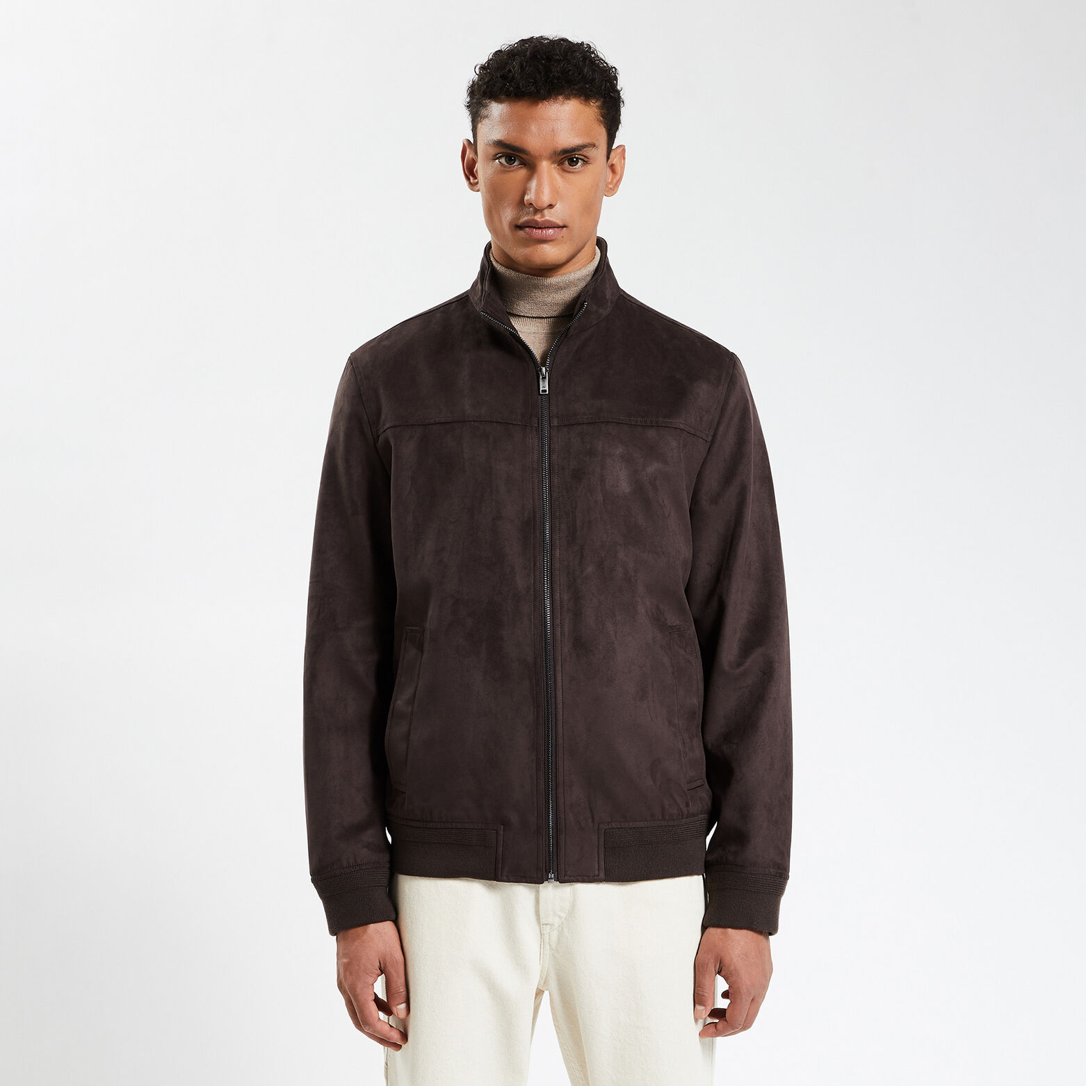 Blouson col montant aspect velours Marron