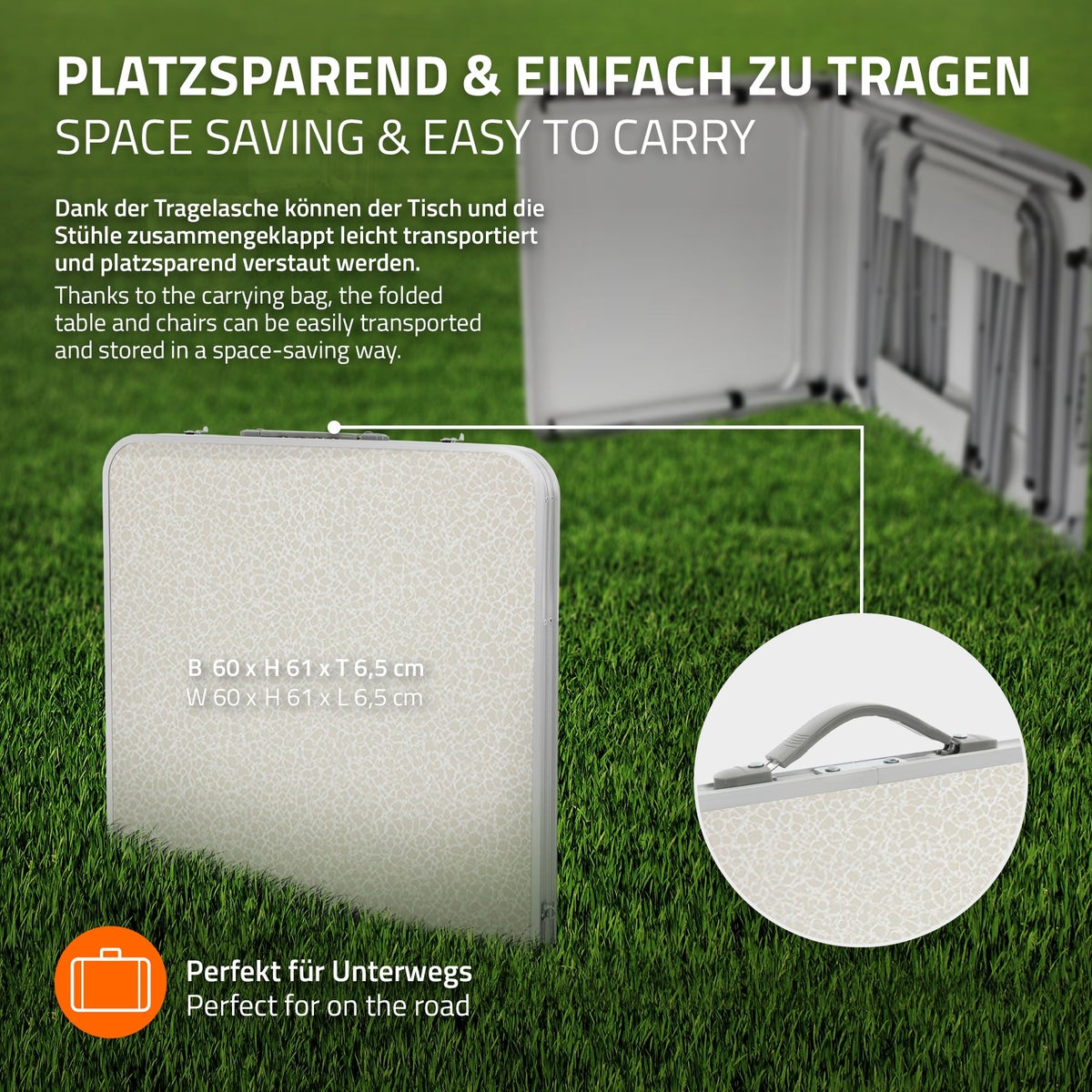 ECD Germany Campingtafelset met 4 krukken, 120x60x55/63/70 cm, in hoogte verstelbaar, opvouwbaar, wit/crème, gemaakt van aluminium en MDF, kampeermeubelset, opvouwbaar meubilair, opvouwbare tafel, tuintafel met 4 stoelen