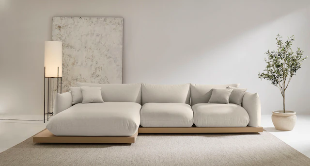 GOODproduct Ecksofa »Kalix, Polsterecke mit kräftigem Holz-Plateau, moderne Couch in L-Form« wahlweise Recamiere links o. rechts, Strukturstoff, hoher Sitzkomfort