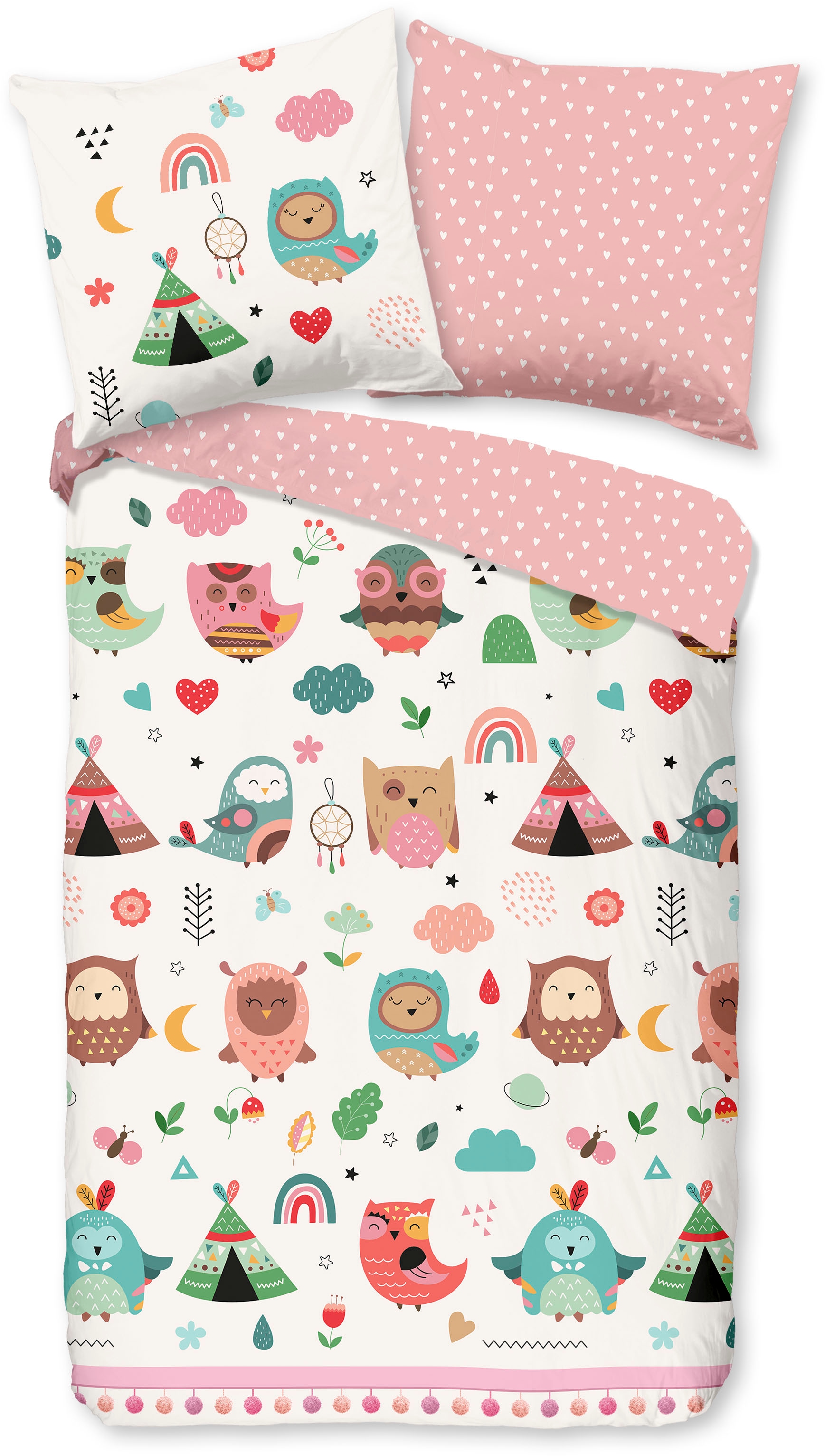 good morning Babybettwäsche »Wise« 2 Stk. tlg. Baumwolle, 120x150, Reissverschluss, Wende, Baby, Mädchen, Eule, Rosa