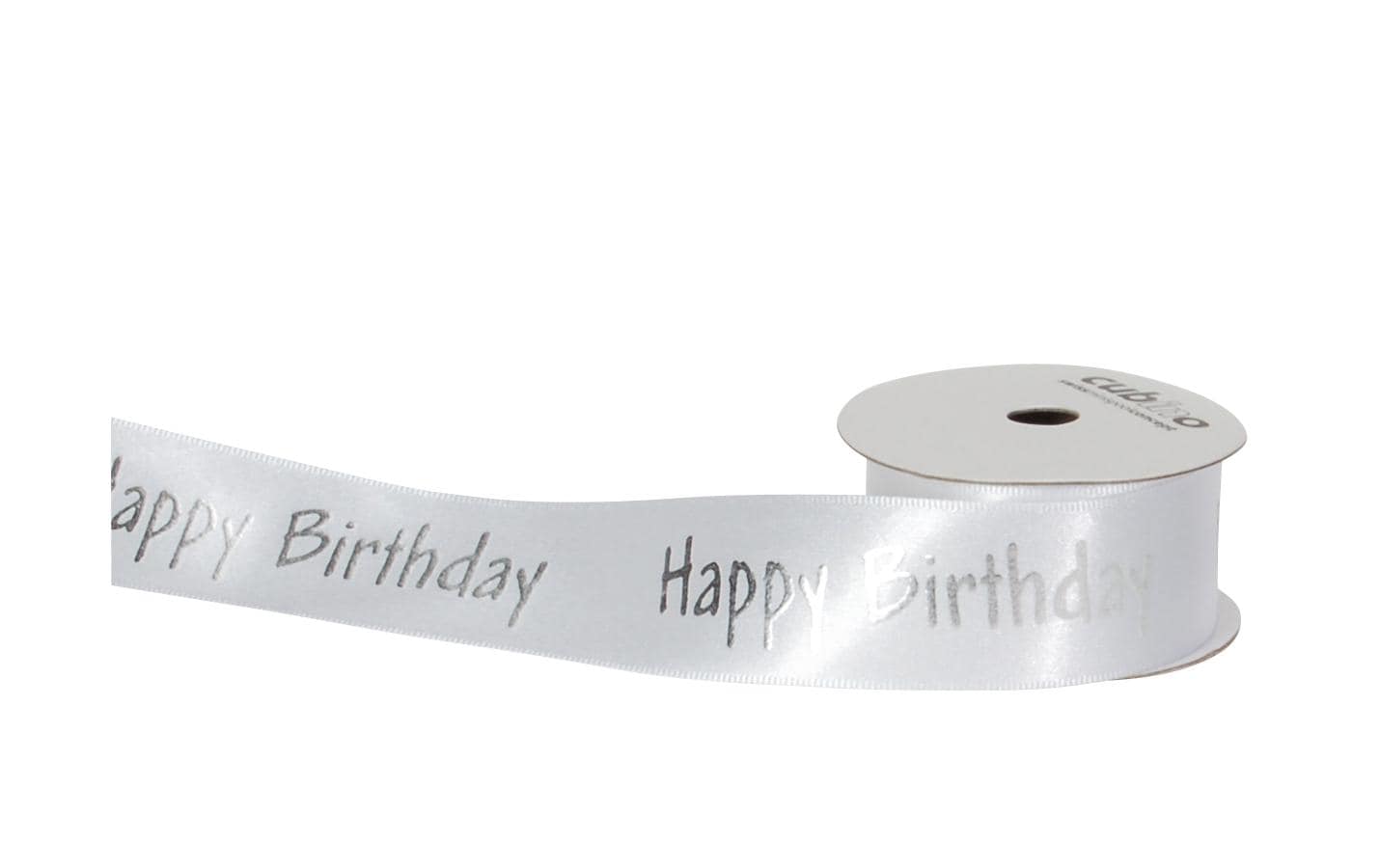 Geschenkband Cubino Happy Birthday 25 mm x 3 m, Silber/WeissStoffband zum Verpacken von Geschenken