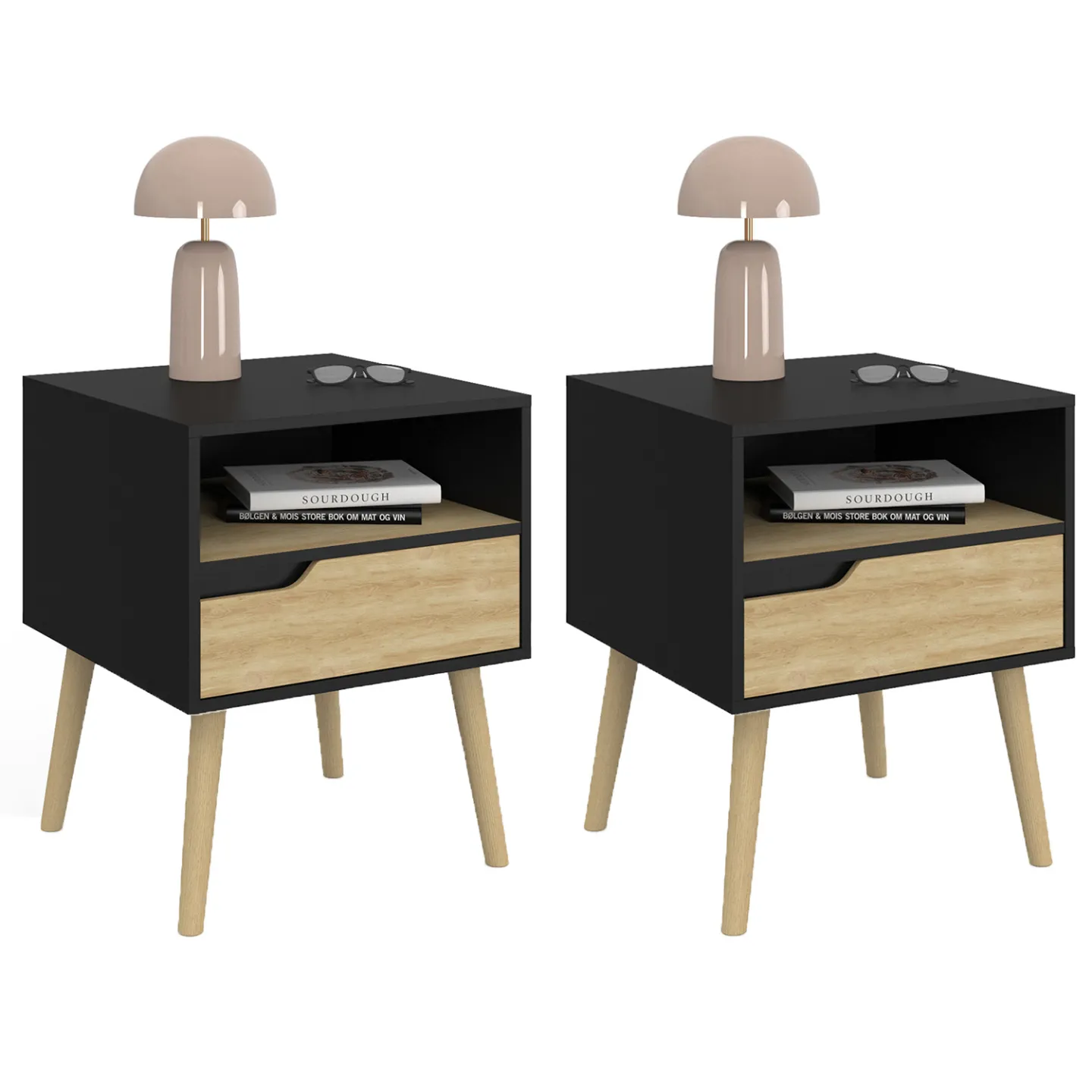 Lot de 2 tables de chevet HELSINKI scandinaves 1 tiroir avec niche noir et effet hêtre