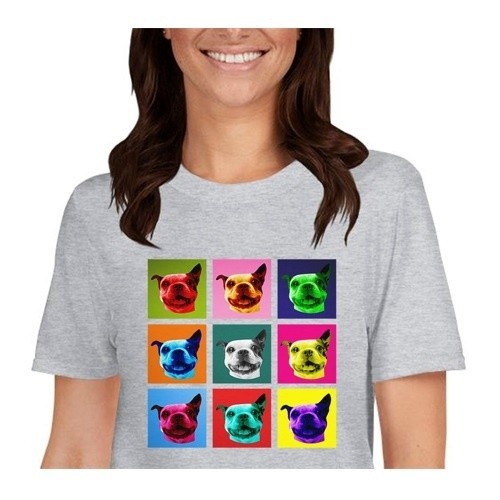 Camiseta feminina Mascochula, estilo Warhol, personalizada com a foto do seu animal de estimação cinza.