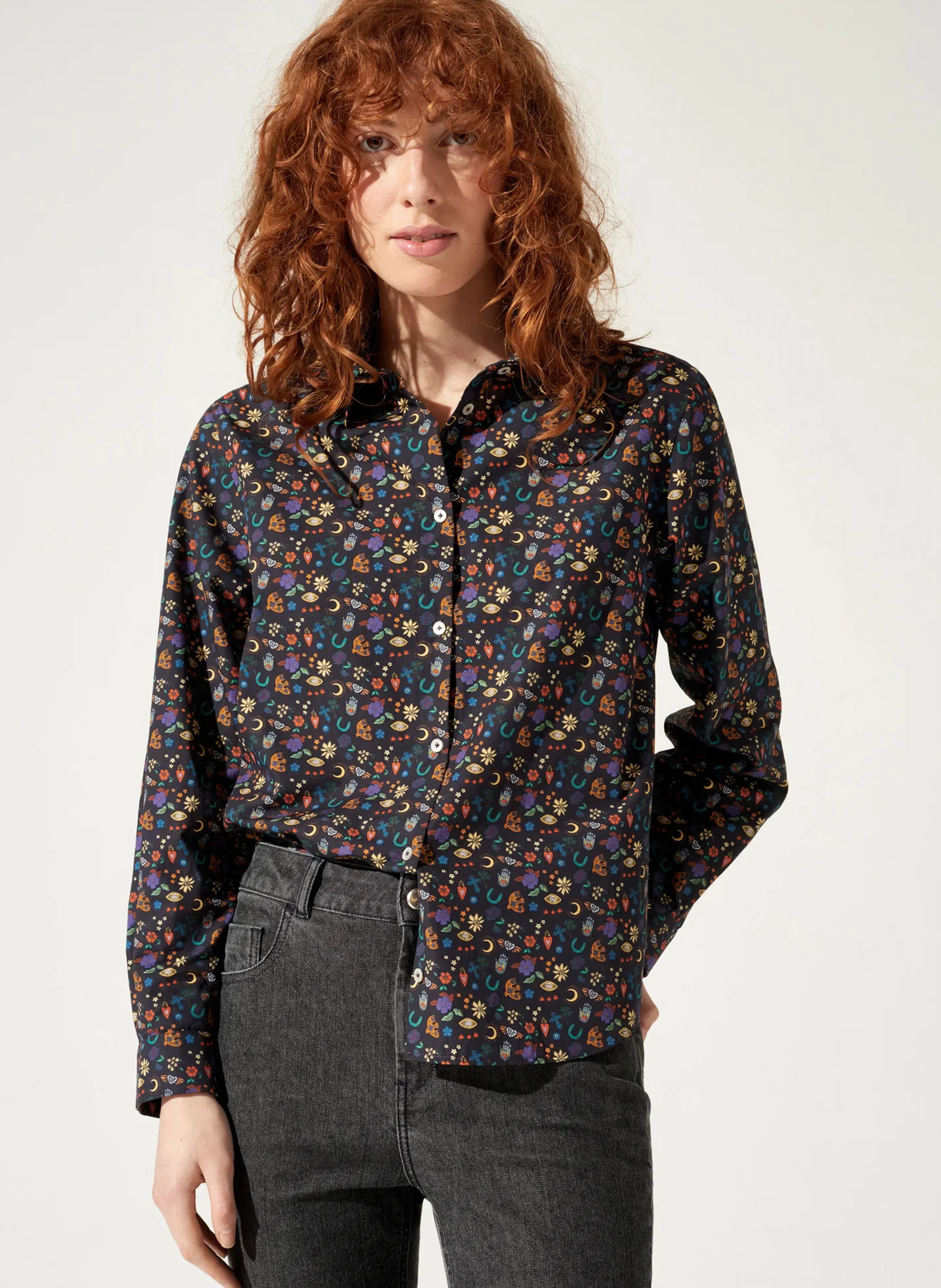 LUNA - Chemise col classique droite en coton imprimé | Noir