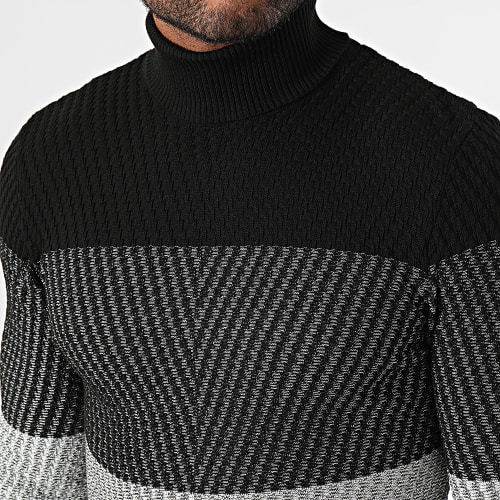 Pull Col Roulé Noir Gris Chiné Beige Clair