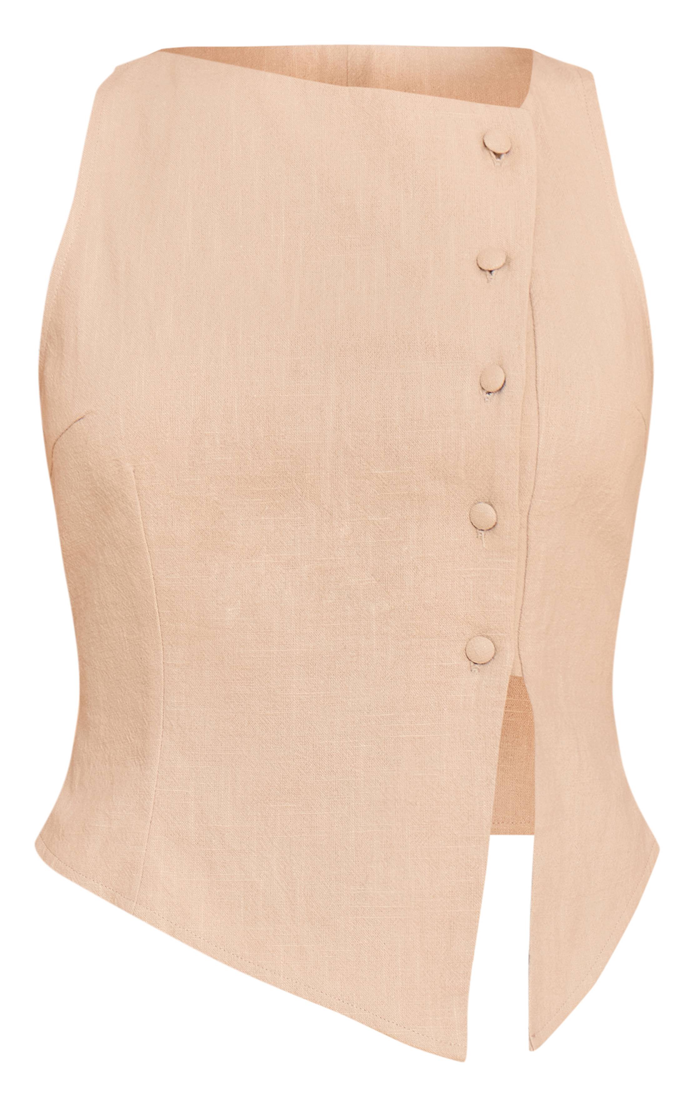 Naturel Gilet Asymétrique Boutonné Aspect Lin Premium Petite