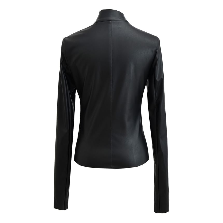 Asiris - Opstaande kraag, effen cropped imitatieleren jack met rits