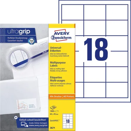Avery Zweckform 3671 Universal-Etiketten,A4 mit ultragrip,Adressaufkleber 64 x 45 mm, 100 Bogen/1.800 Etiketten, weiß