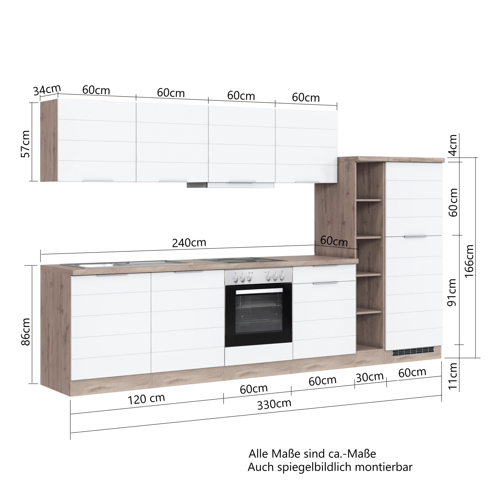 Küchenblock FLORENZ - weiß matt - Wotan Eiche - mit E-Geräten - 330 cm