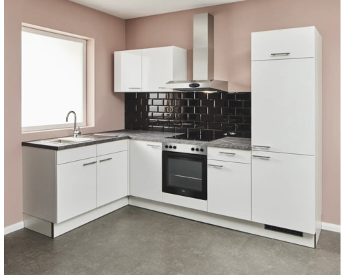 PICCANTE Plus hoekkeuken met Pearl apparatuur, 440 cm, wit hoogglans, voorgemonteerd, 2786232