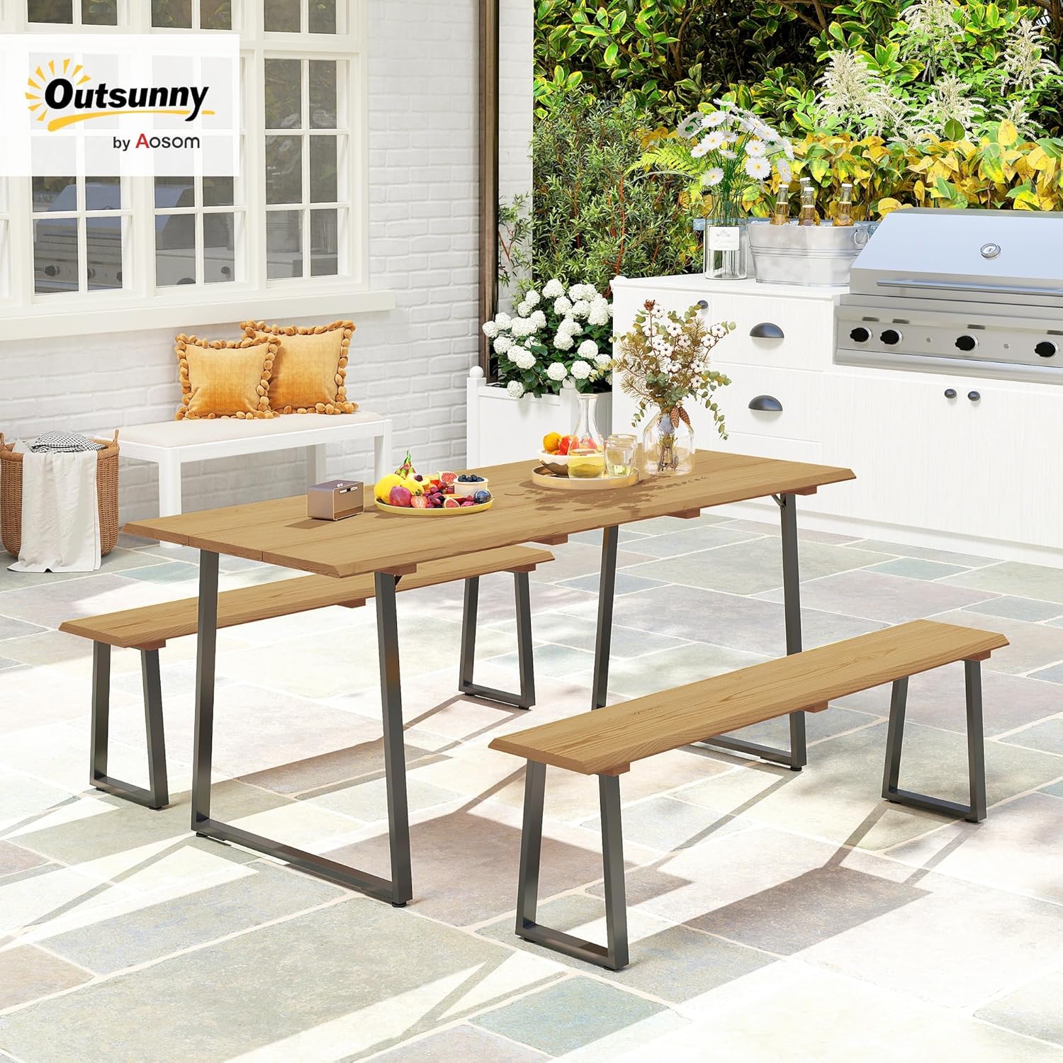 Outsunny Sitzgruppe 3-teilig Holz Essgruppe für 6 Personen Esstisch mit 2 Bänke Schirmloch Esszimmergruppe mit Holztisch Küchentisch-Set Balkonmöbel Gartenmöbel für Terrasse, Balkon Naturholz