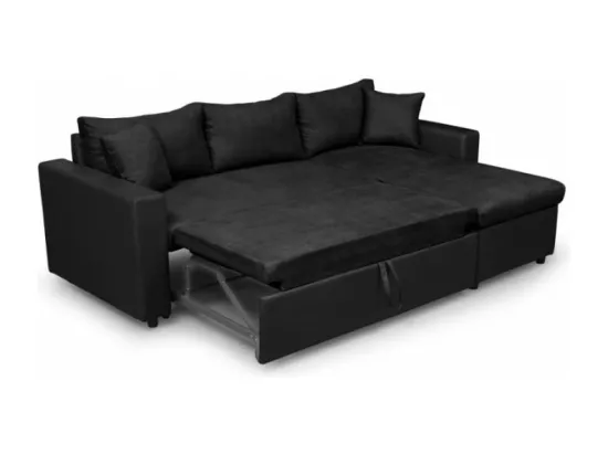 Canapé d'Angle 3 Places Maria Réversible Convertible avec Coffre en simili et microfibre - Noir - L227 x P146 x H81cm - Loungitude