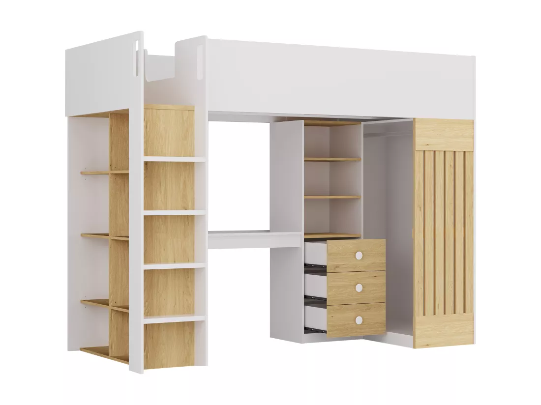 Lit mezzanine 90 x 190 cm avec bureau et penderie - Coloris : Blanc et naturel + Matelas - LORINTI