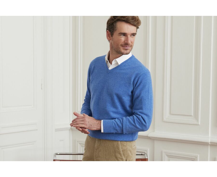 Pull homme laine col V Bleu mer - ELIAN