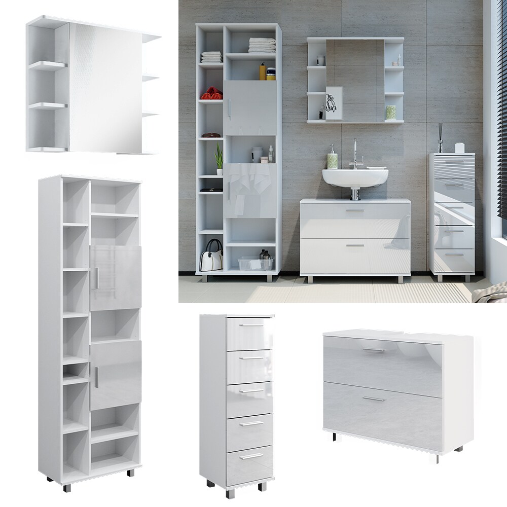 Vicco Badmöbel-Set Ilias Weiß Hochglanz modern Waschtischunterschrank Spiegelschrank Midischrank Hochschrank