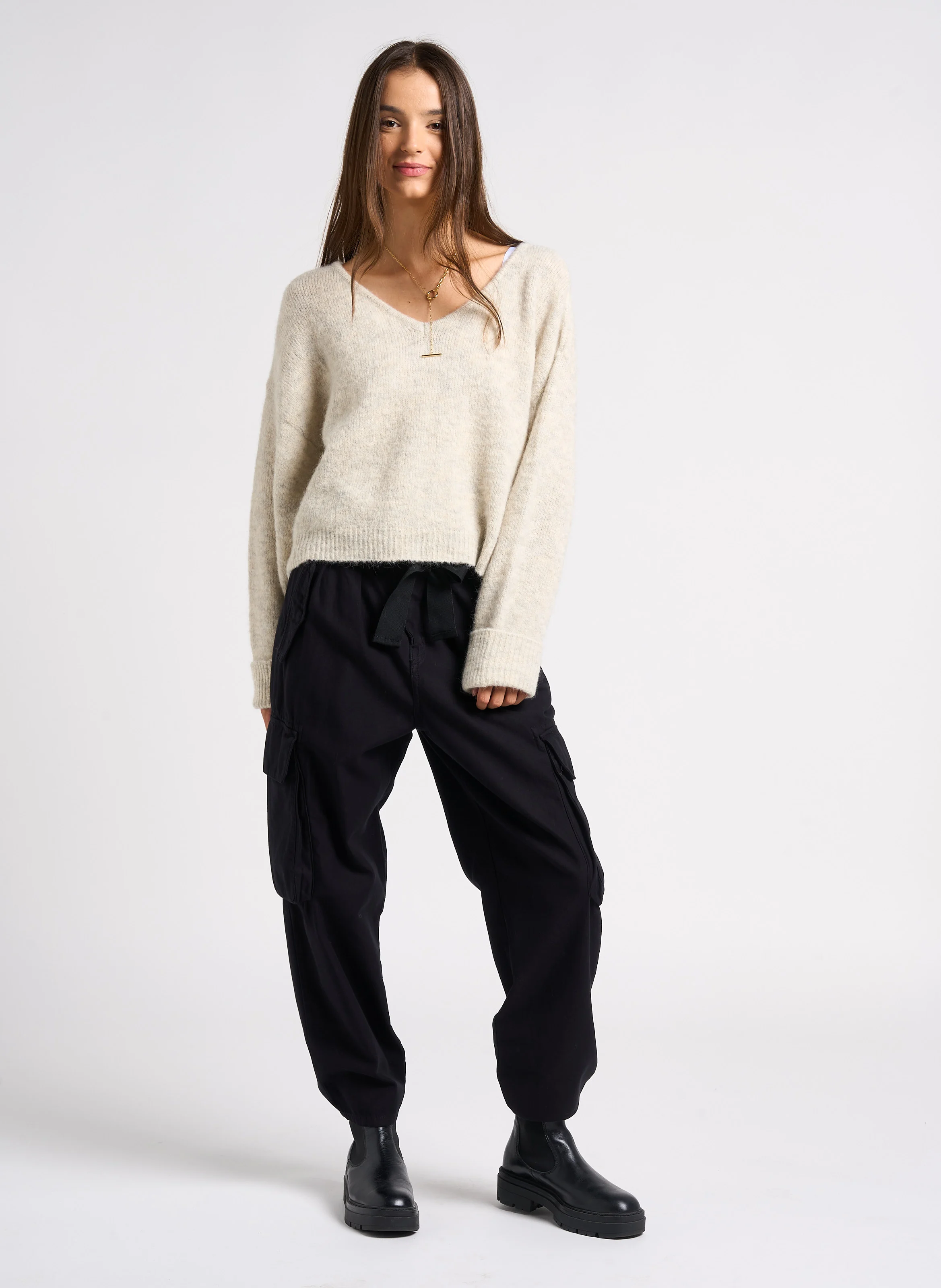 AMBROISE - Pantalon treillis taille haute en coton | Noir