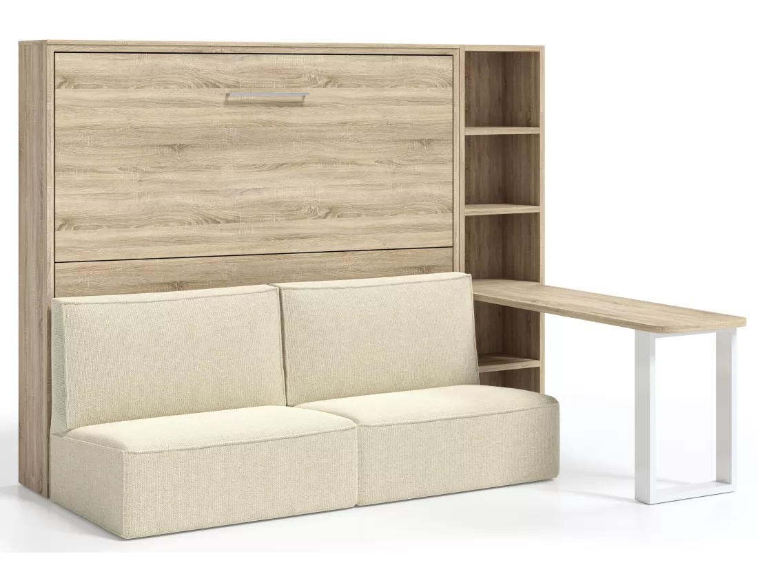 Lit escamotable 120x200 canapé etagere bureau Prolok-Canapé Beige-Avec étagère-Structure et Façade Chêne clair-Avec bureau