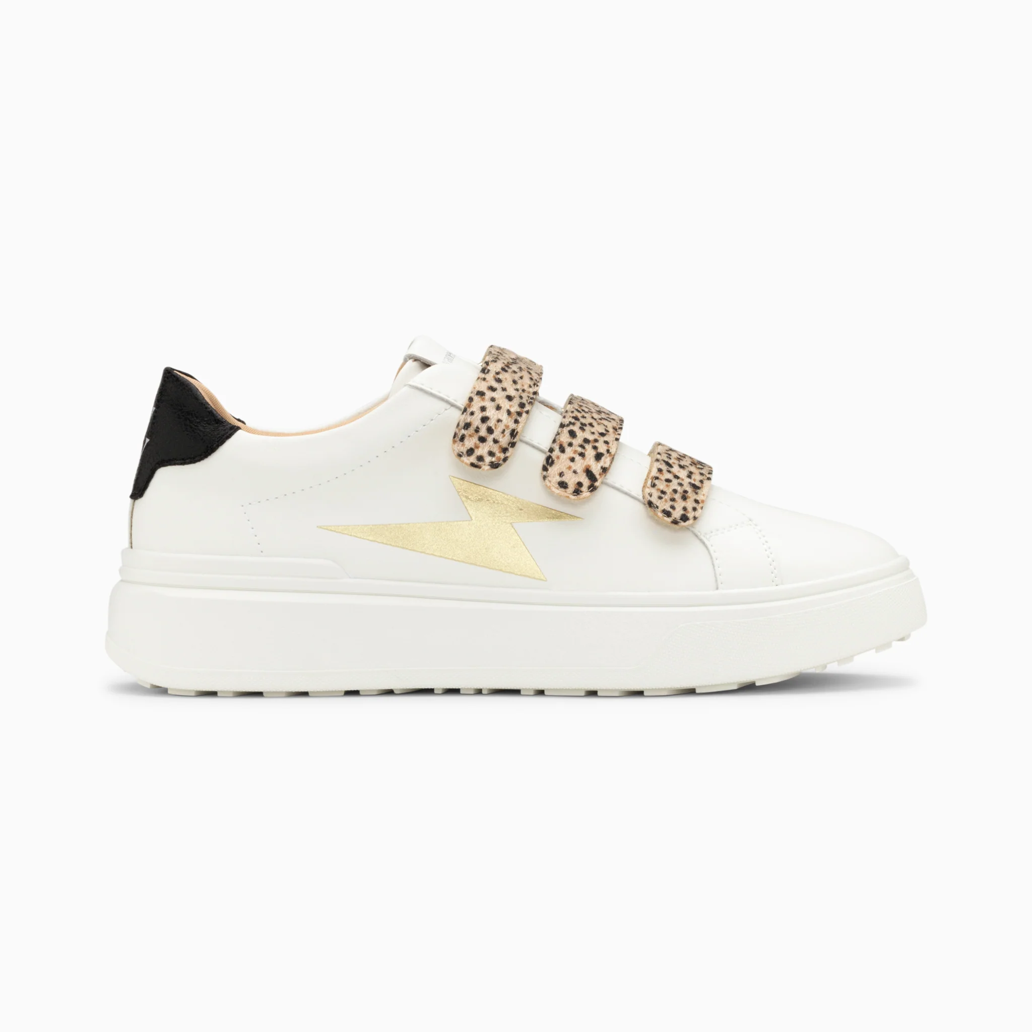 Sneakers-Baskets éclair Salomé blanc et or à scratchs guépard