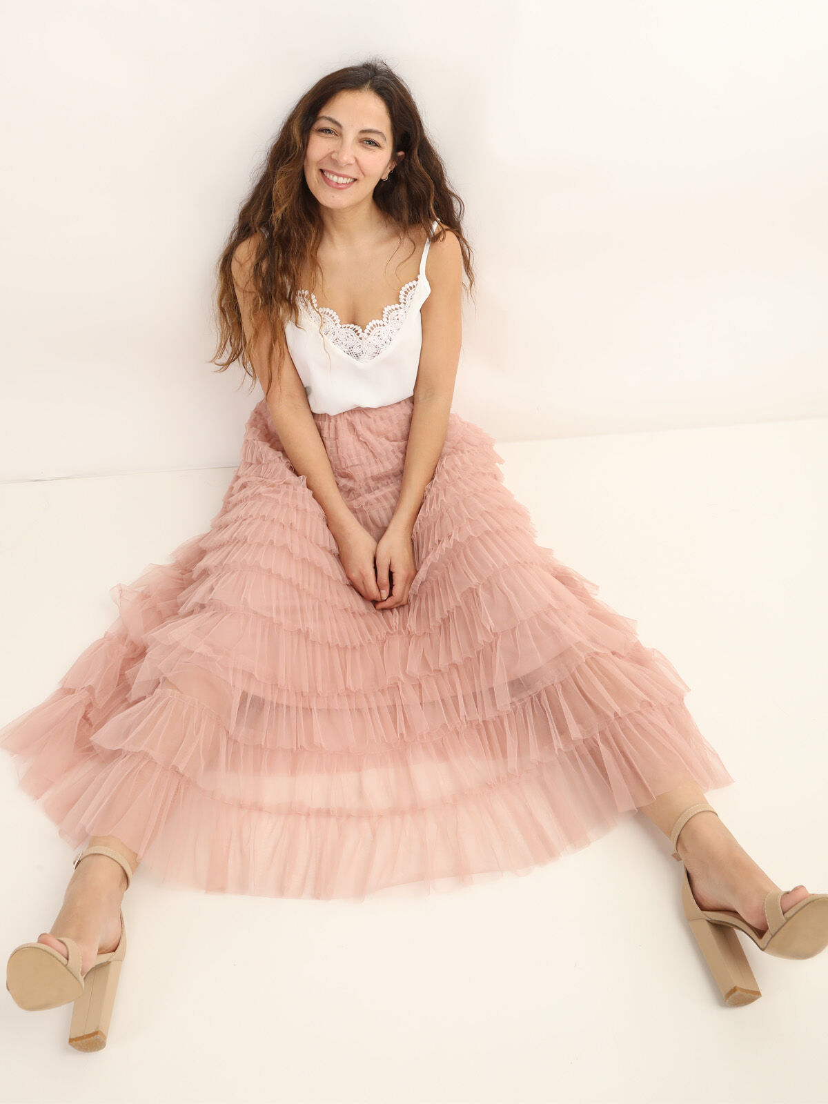 Jupe longue en tulle à volants- Vieux rose