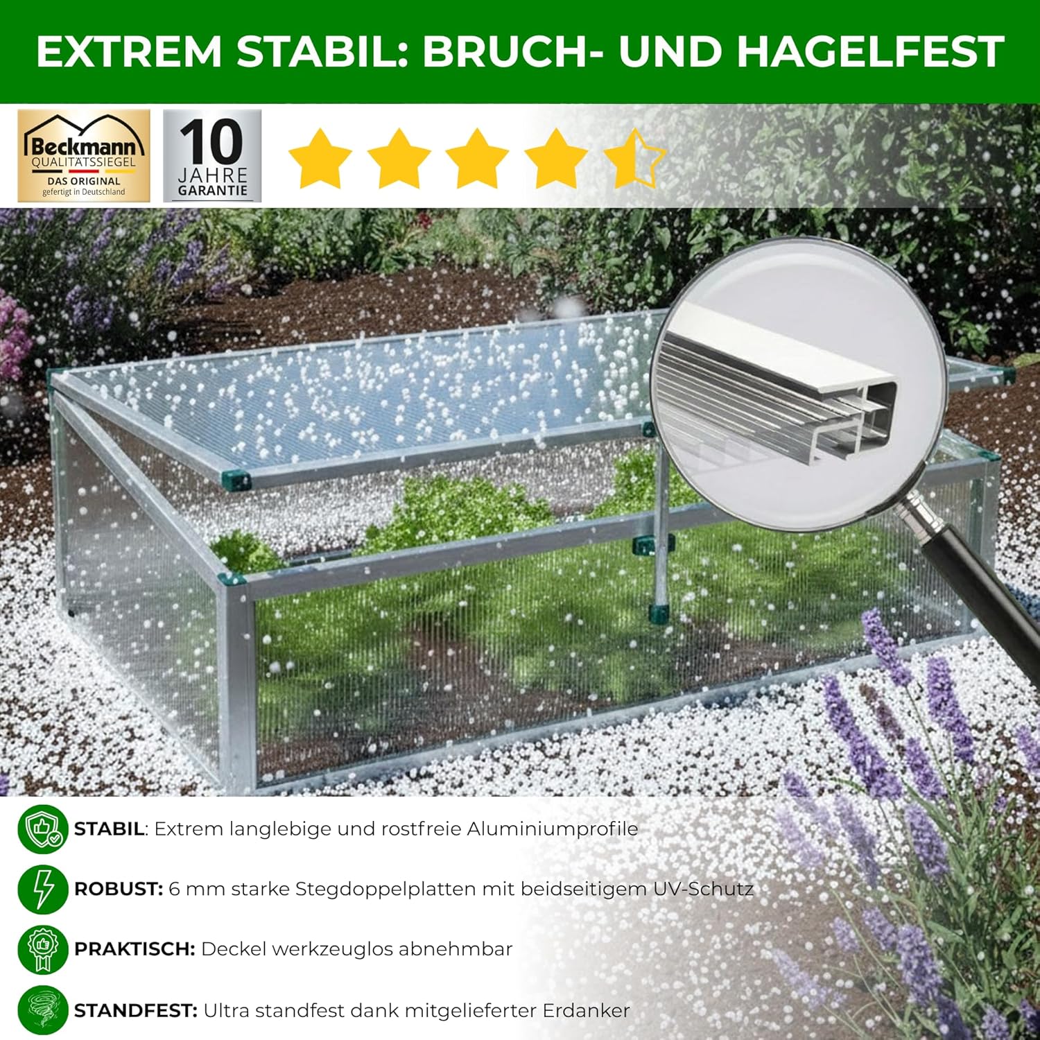Beckmann Frühbeet Typ Allgäu Modell FSH – Extrem Stabil: Hagelfeste 6mm Platten – Made in Germany – UV-Schutz—Premium Aluminium Mini-Gewächshaus – 98x58cm