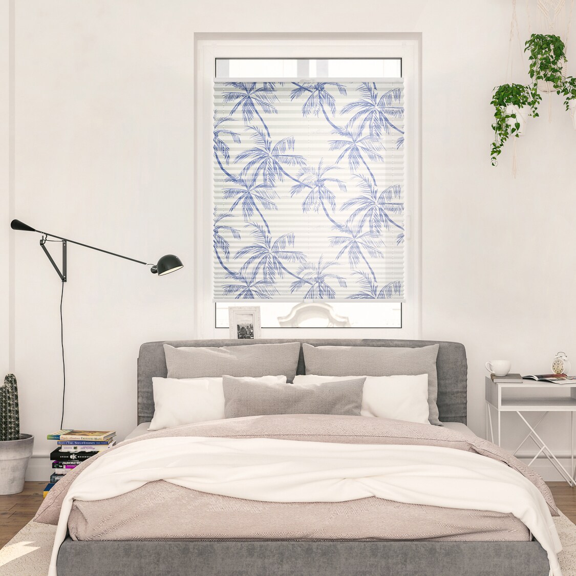 Lichtblick Plissee Klemmfix, ohne Bohren, blickdicht, Blueprint Palms - Blau