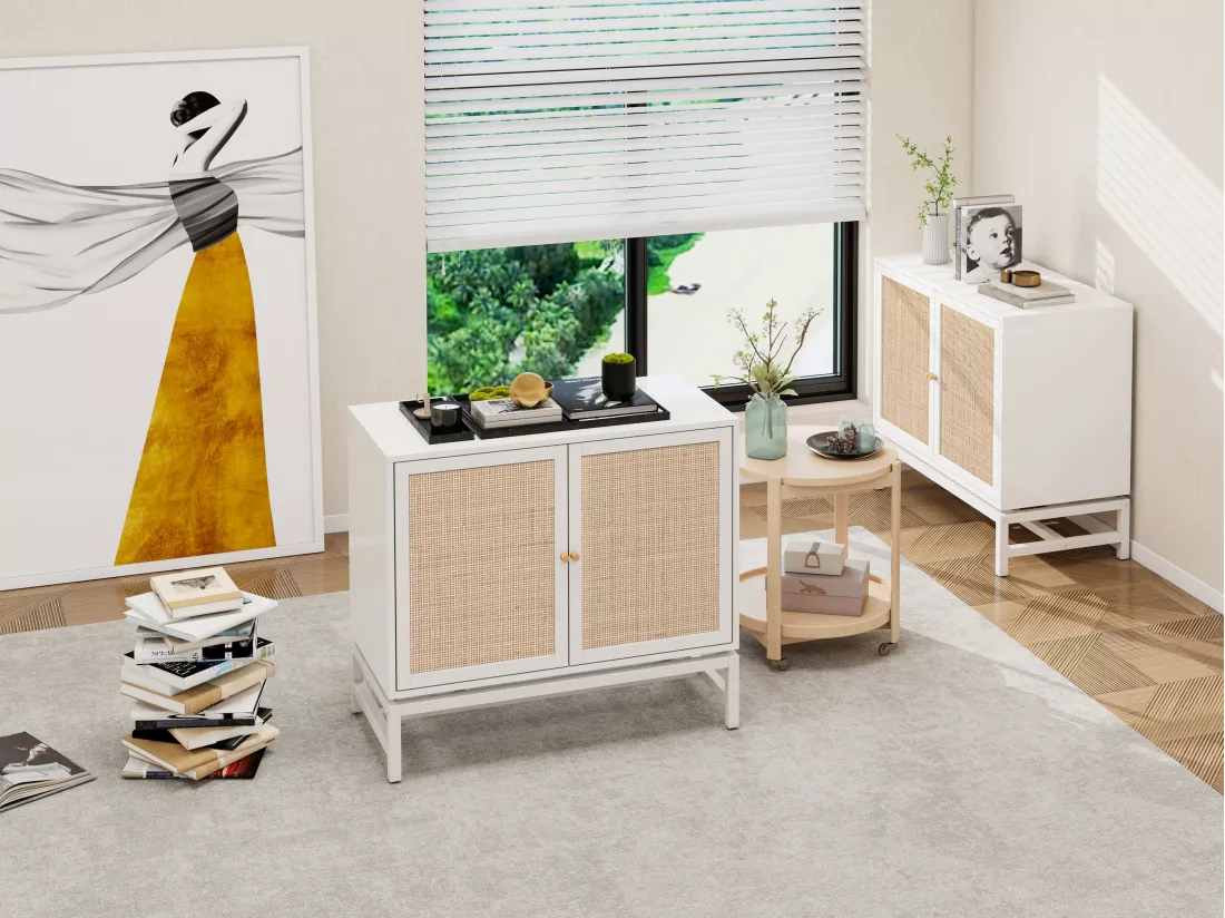 Armoire Murale avec Éléments en Rotin Naturel, Portes Doubles, Design Suspendu et Base Métallique, Rangement Flexible