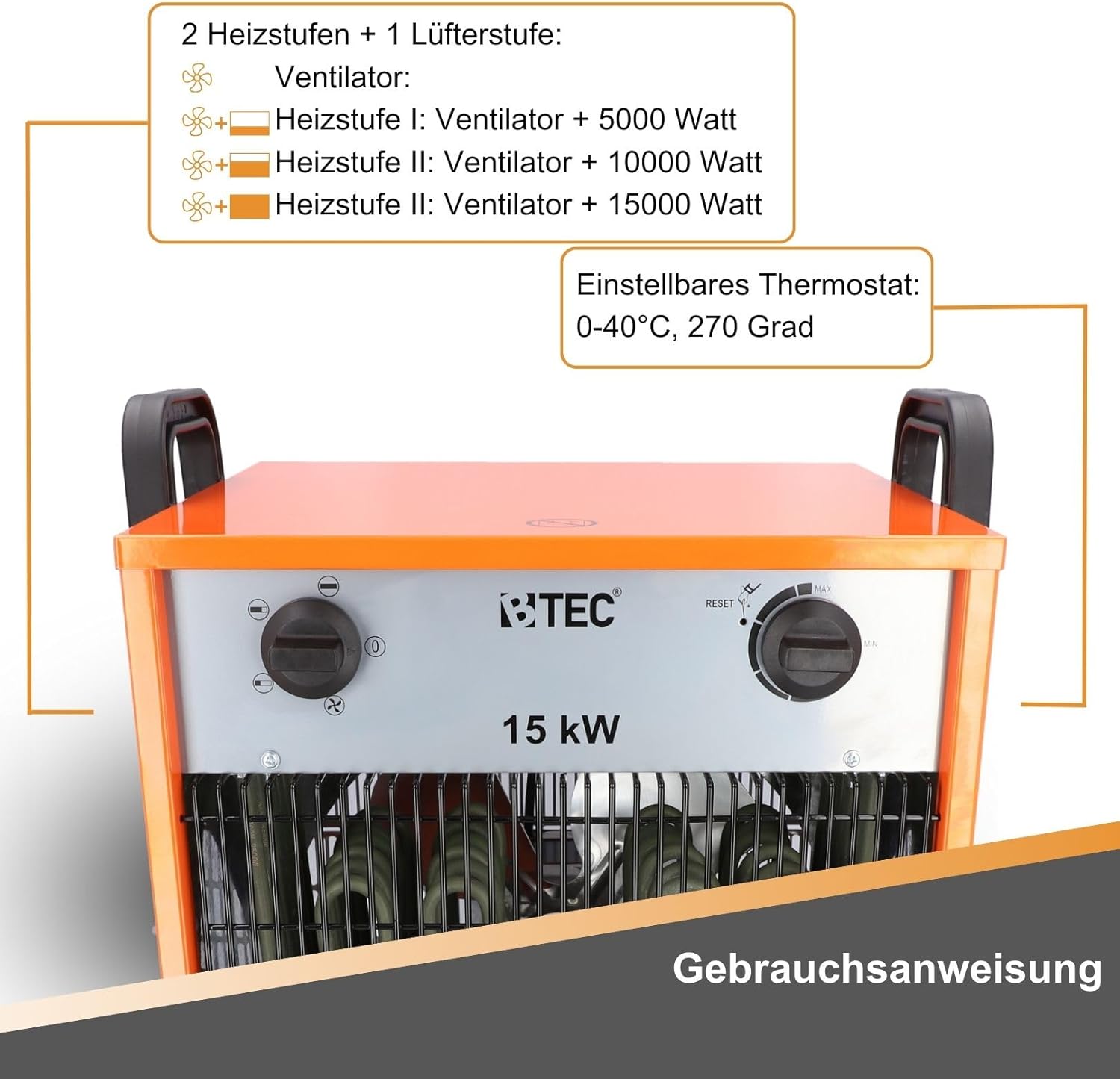 BTEC Heizlüfter 15000 Watt - Elektroheizer - 3 Heizstufen - Frostwächter - Perfekt für Baustelle, Werkstatt, Garage - Heizstrahler - 15kW Heizer