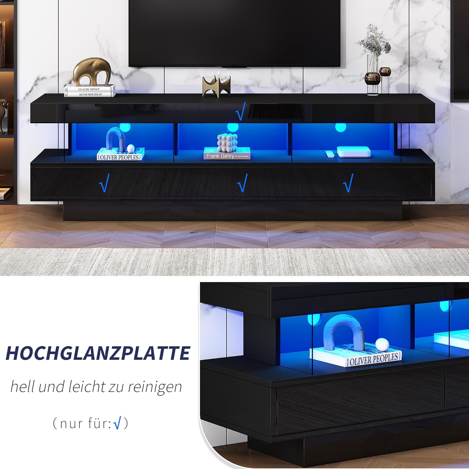 Fernsehschrank Schwarz Led, Hochglanz TV Schrank mit 3 Glasablagen, LED-Beleuchtung, App-Steuerung, Bluetooth-Konnektivität für 70 Zoll Fernseher, 160 * 38 * 50,5 cm