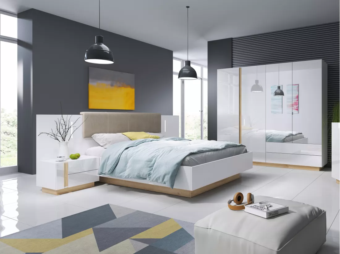 Lit avec chevets 160 x 200 cm - Avec LEDs - Blanc et naturel + Sommier + Matelas - MURARI