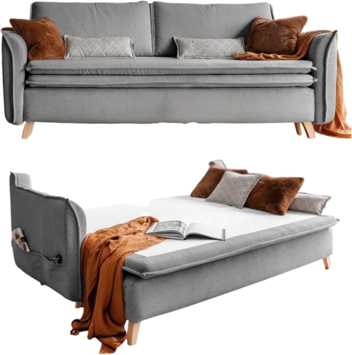 MIUFORM Charming Charlie Slim mit Bettkasten und mit Bettfunktion | 3 Sitzer Sofa | 225 x 90 x 85cm | Klappsofa mit Schlaffunktion | Schlafsofa klappbar (Grau)