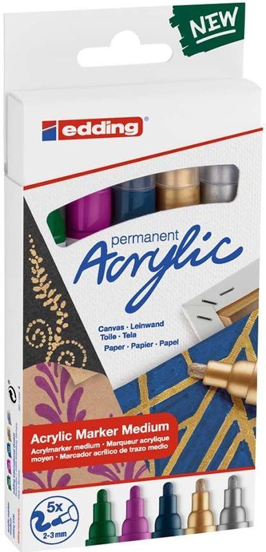 edding - 5100 Acrylstiften - Set met 5 Kleuren - Medium Ronde Punt - Acrylverf voor Schilderen