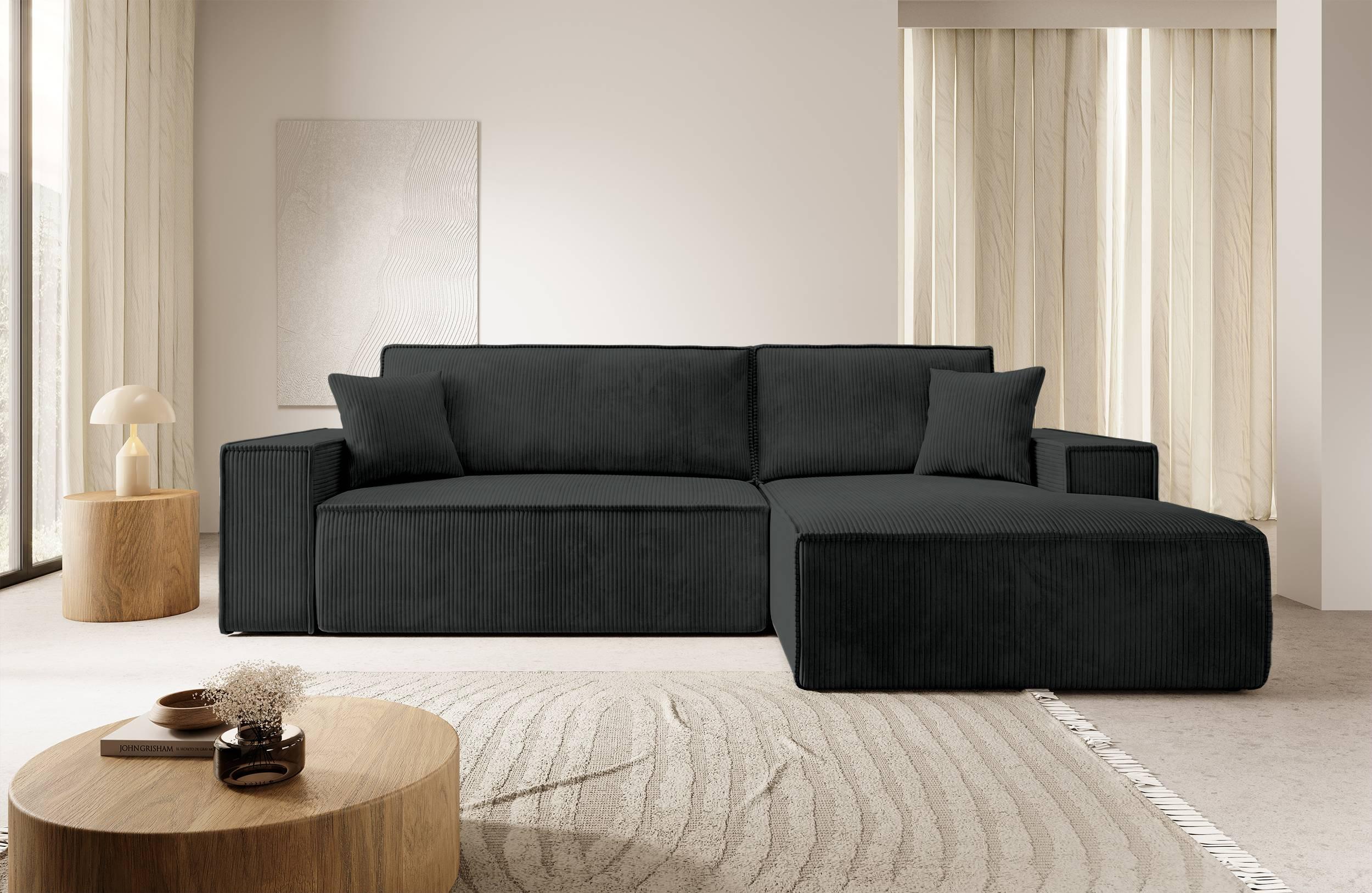 NADUVI Collection Galine Hoekbank met Chaise Longue Rechts met Slaapfunctie - Ribstof - Zwart