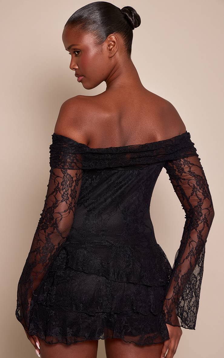 Noir Combinaison-short Dentelle À Manches Longues Épaules Dénudées