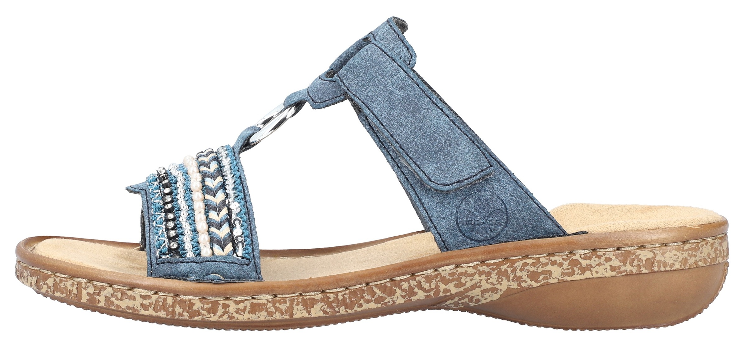 Rieker Pantolette  , Keilabsatz, Sommerschuh, Schlappen mit Pailetten- und Perlenbesatz