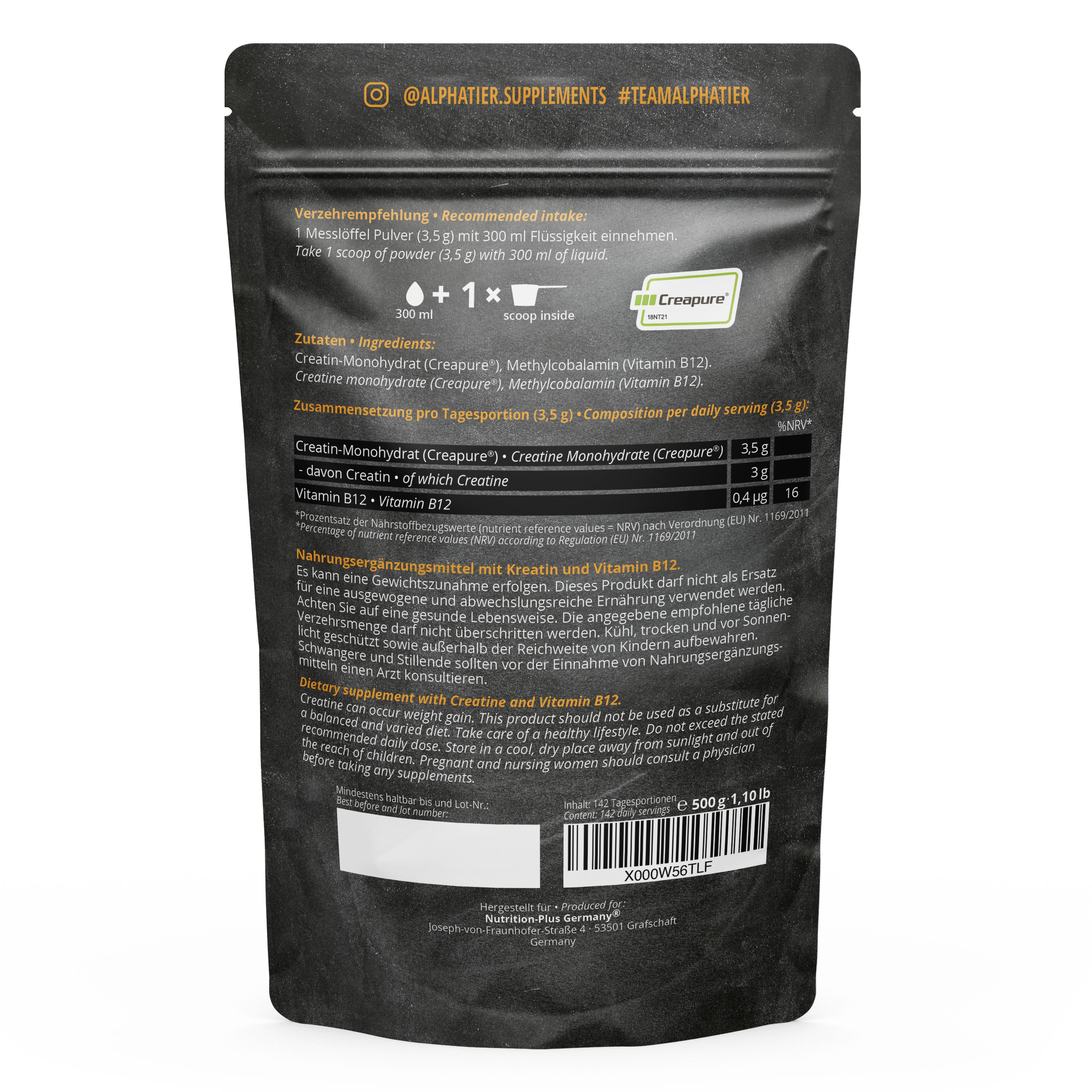 Alphatier Creatin Monohydrat Creapure 1000g Pulver