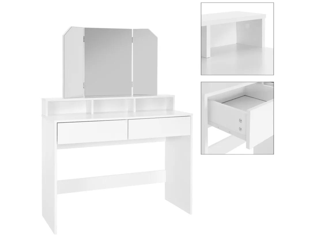 Coiffeuse avec miroir pliable moderne table de maquillage en MDF avec 2 tiroirs