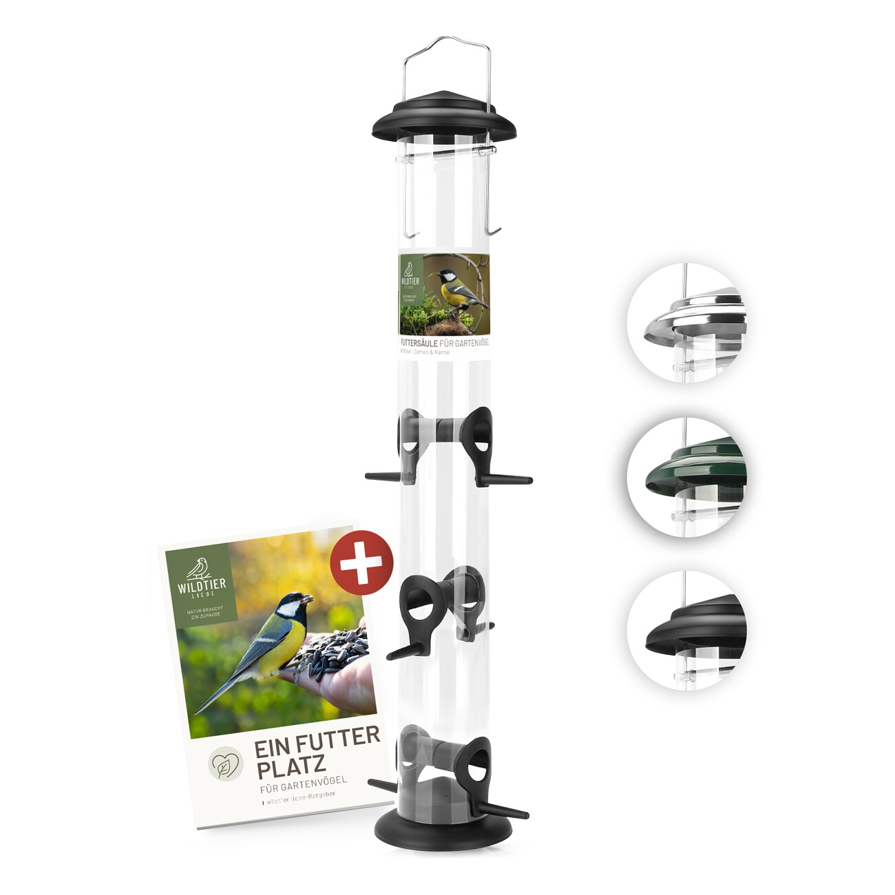 wildtier liebe Futtersäule für Samen, Körner & Kerne 52cm, Schwarz