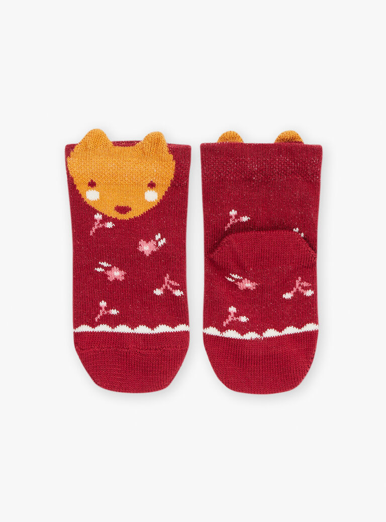 Chaussettes rouge foncé à motifs fleuris et tête d'animal