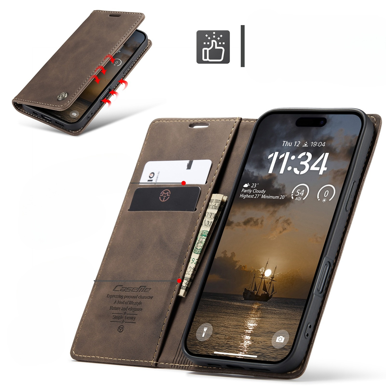 iPhone 17 Pro Leder Tasche Flip Wallet Etui mit Kartenfächern - Braun